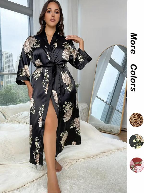 Women's Leopard Print Contrast Binding Robe, Fashion Pumpkin Printed Belted Stretch Satin Long Dressing Gown for Women, Satin Robe, Women Nightwear, Casual Ladies Sleepwear for All Seasons