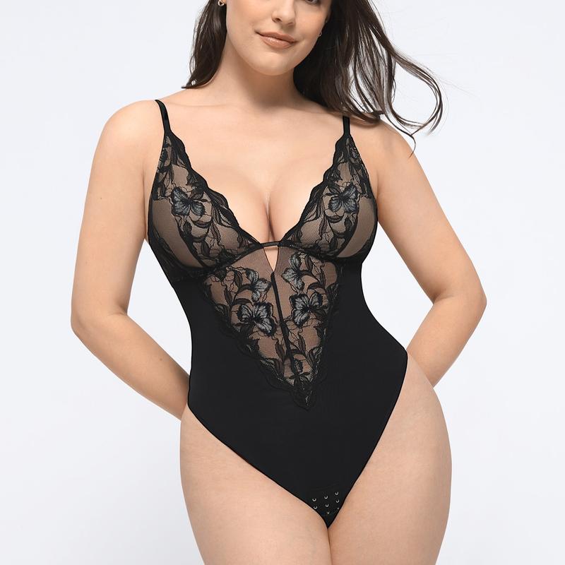 FeelinGirl Lace Shapewear Bodysuit Tummy Control Deep V Lingerie for Women One Piece Backless Body Suit Thongs Breathable Comfortable Womenswear FeelinGirlshop