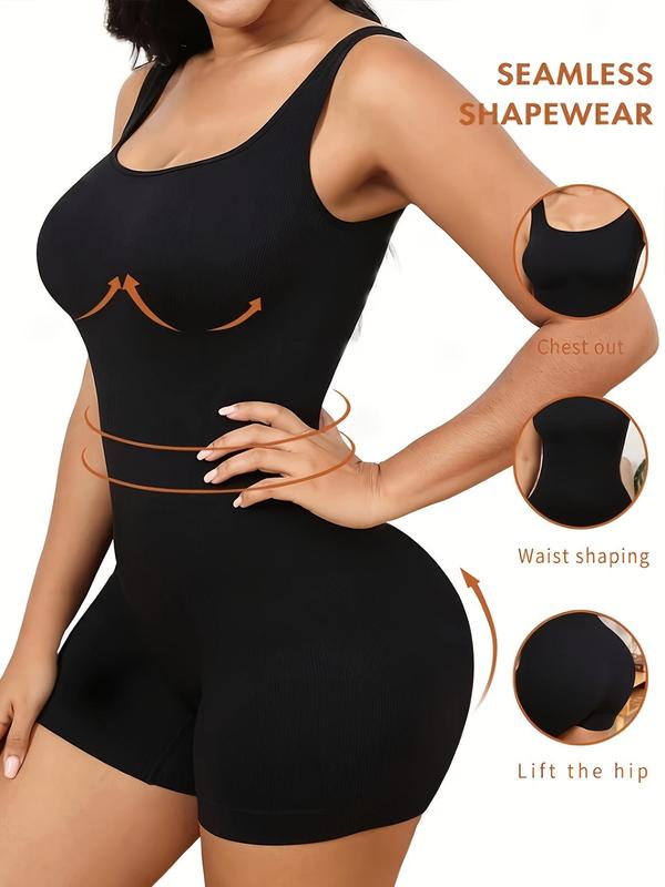 Women's Plain Ribbed Scoop Neck Sleeveless Shapewear Romper, Summer Clothes Women, Solid Body Contouring One Piece Bodysuit, Slimming Underwear for Lady, Back To School Clothes, Comfort Basic Versatile Women's Shapewear for Fall