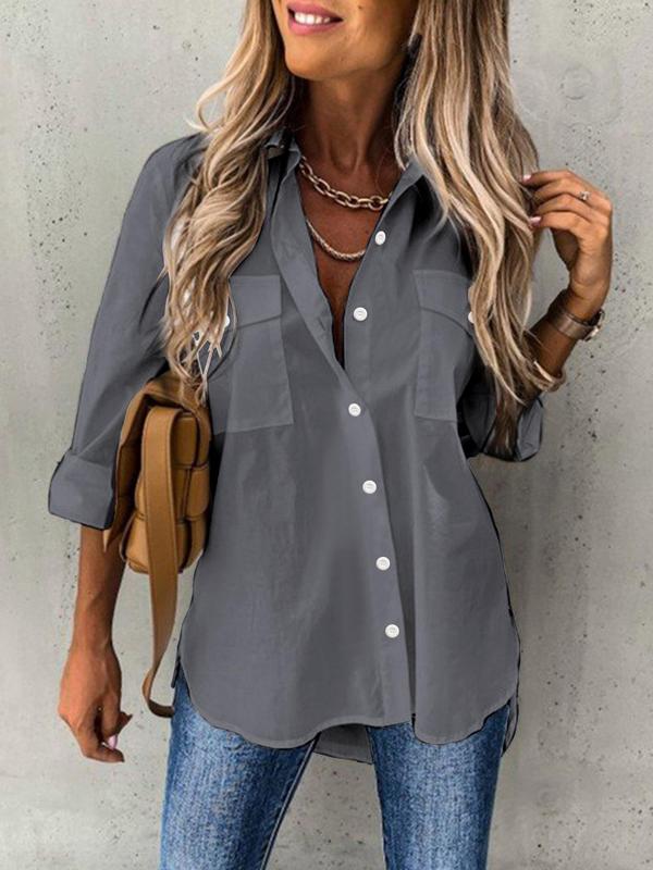 Women's Plain Button Front Pocket Shirt, Casual Long Sleeve Collared Top for Daily Wear, Going Out Tops, Ladies Clothes for All Seasons