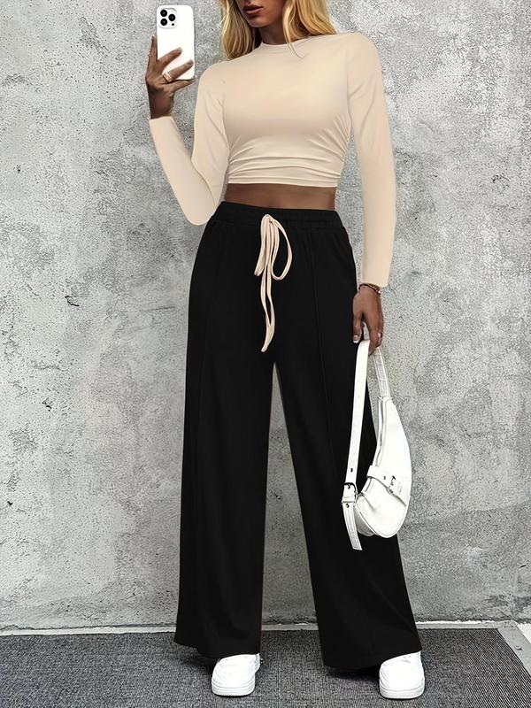 Two-Piece Set Women's Solid Color Ruched Tee & Drawstring Waist Pants, Casual Round Neck Long Sleeve Top & Wide Leg Trousers for Daily Wear, Ladies Two-piece Outfits for All Seasons