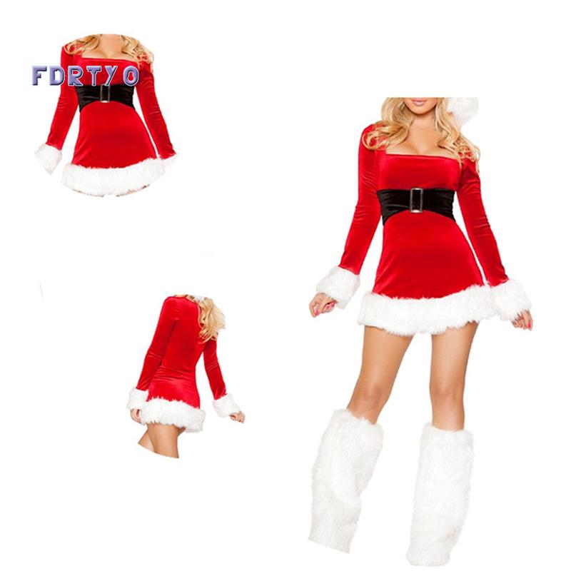 Women Christmas Costume Santa Cosplay Dress Plush Trim Patchwork Dress Party Costume with Hat and Leg Warmers party banquet