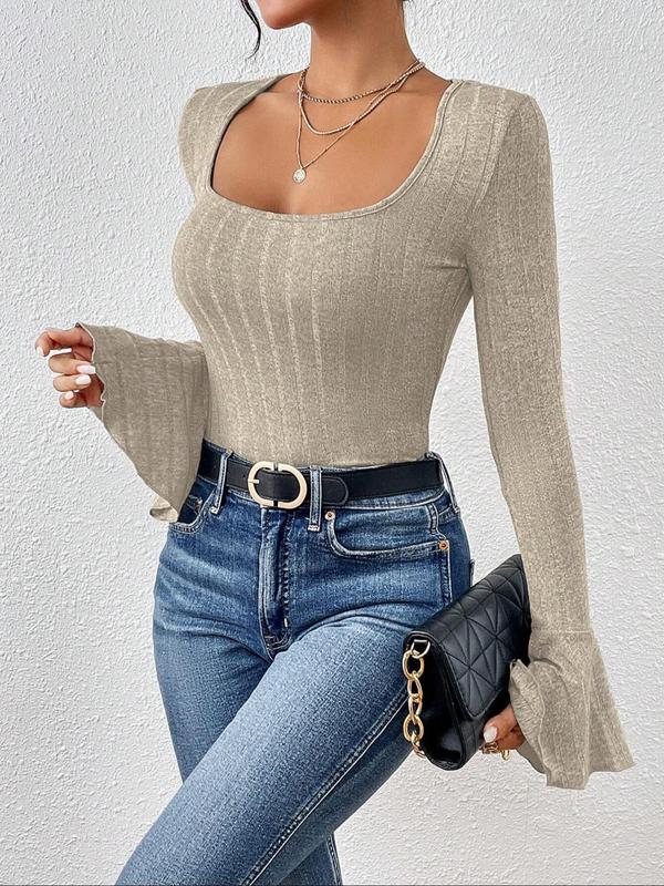 Women's Plain Ruffle Trim Flounce Sleeve Tee, Elegant Square Neck Long Sleeve T-shirt for Spring & Fall, Women's Clothing for Daily Wear