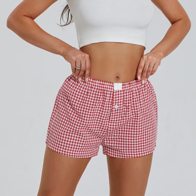 Women’s Plaid Print Shorts Elastic Low Waist Button Front Lounge Shorts Boxers Streetwear Fabric Womenswear Bottom Soft Underwear Fabric Womenswear Spring Lady