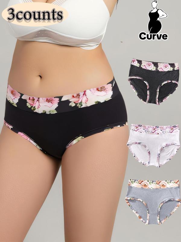 Plus Size Contrast Floral Print Knicker, Casual High Rise Panties Set, Underwear for Women, Panties for Women, Plus Size Women's Underwear