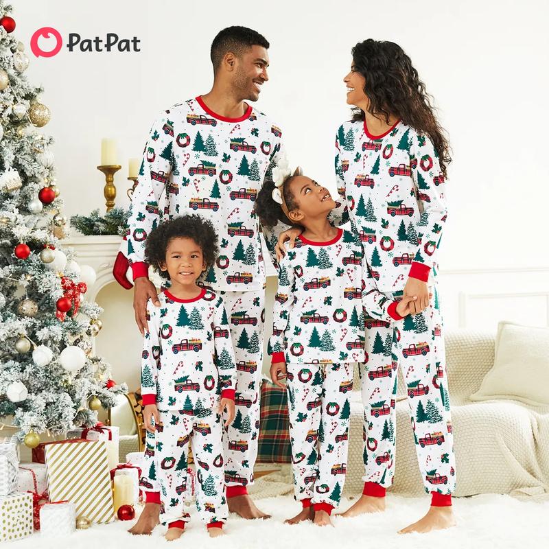 PatPat Christmas Pajamas Soft & Stretchy Family Matching Sets Car Christmas Tree Patterned Sleepwear Xmas PJS for Women Men Couples Adult Kids,Cute Pajama,Cozy Pajamas (Flame Resistant)