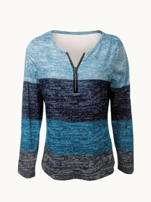 Women's Patchwork Print Half Zip Up T-shirt, Casual Long Sleeve Round Neck Tee for Fall & Winter, Women's Clothes for Daily Wear