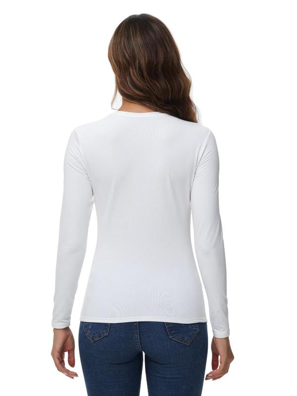 Women's Solid Long Sleeve Thermal Lined Tee, Casual Round Neck T-shirt for Fall & Winter, Ladies Clothes for Daily Wear