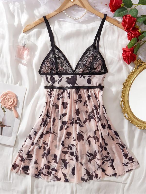 Women's Floral Print Contrast Lace Knot Cami Nightdress, Casual Soft Comfortable Spaghetti Strap Nightgown For All Seasons, Ladies Sleepwear For Daily Wear