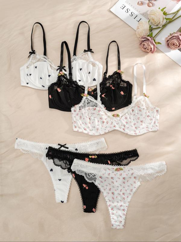 Womenswear Floral & Heart Print Bow Decor Lingerie Set, Comfort Soft Contrast Lace Underwire Bra & Panty Set, Women Underwear Set, Comfy Breathable Underwear Set for Women