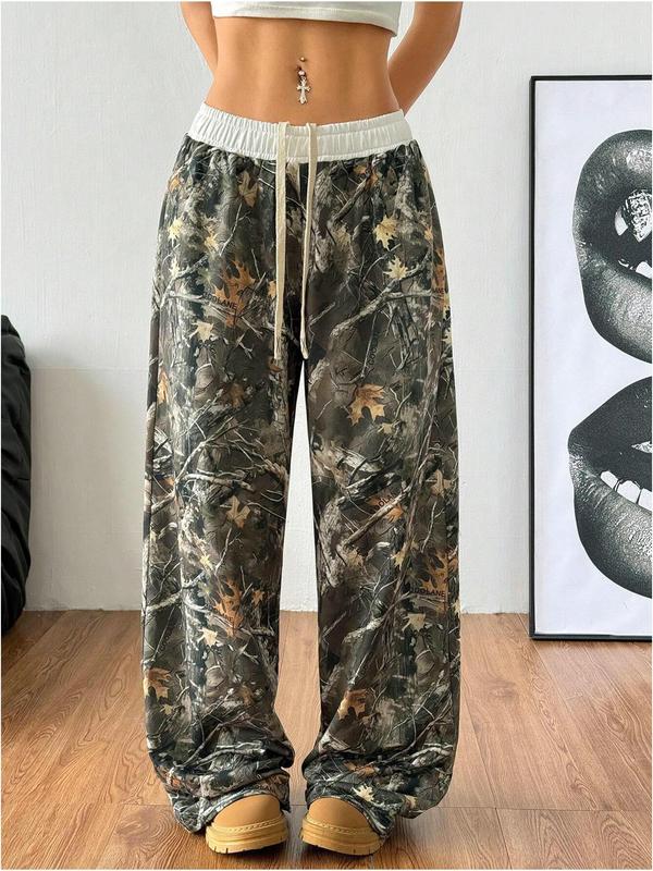 Women's Leopard & Camo Print Drawstring Waist Sweatpants, Casual Pocket Wide Leg Trousers for Daily Wear, Ladies Bottoms for All Seasons