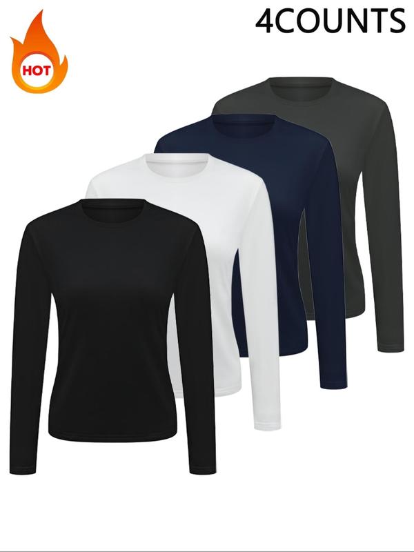 Women's Solid Long Sleeve Thermal Lined Tee, Casual Round Neck T-shirt for Fall & Winter, Ladies Clothes for Daily Wear