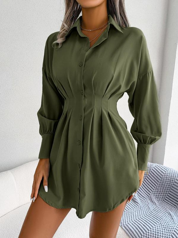 Women's Minimalist Solid Curved Hem Ruched Button Front Collar Shirt Dress, Lady Vintage Drop Shoulder Long Sleeve Short Dress, A-line Dress for Fall School Office, Dresses for Women, Vow Renewal Party Pink Dress Longsleeves