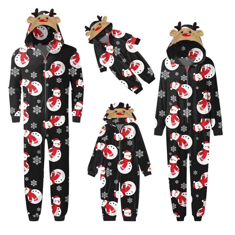 Family Matching Pajamas Christmas Casual Long Sleeve Jumpsuit Zip Hooded Romper Sleepwear