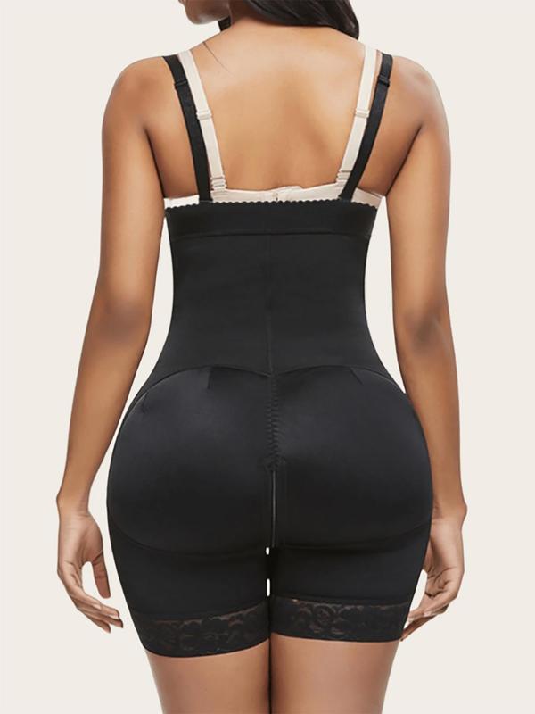 Women's Plain Hook & Eye Contrast Lace Shapewear Romper, Adjustable Strap Tummy Control Butt Lifting Shaper, Women's Shapewear Bottoms for Daily Wear