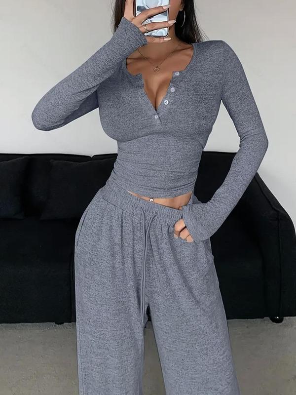 Women's Solid Button Front Pocket Top & Drawstring Waist Pants Loungewear Two-piece Set, Casual Comfy Long Sleeve Top & Trousers Pj Set, Women's Sleepwear for Fall & Winter