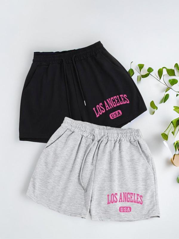 Women's Letter Print Drawstring Waist Shorts, Shorts for Women, Casual Pocket Elastic Waist Shorts, Shorts for Women, Back To School Outfits, Fashion Summer Bottoms for Daily Wear