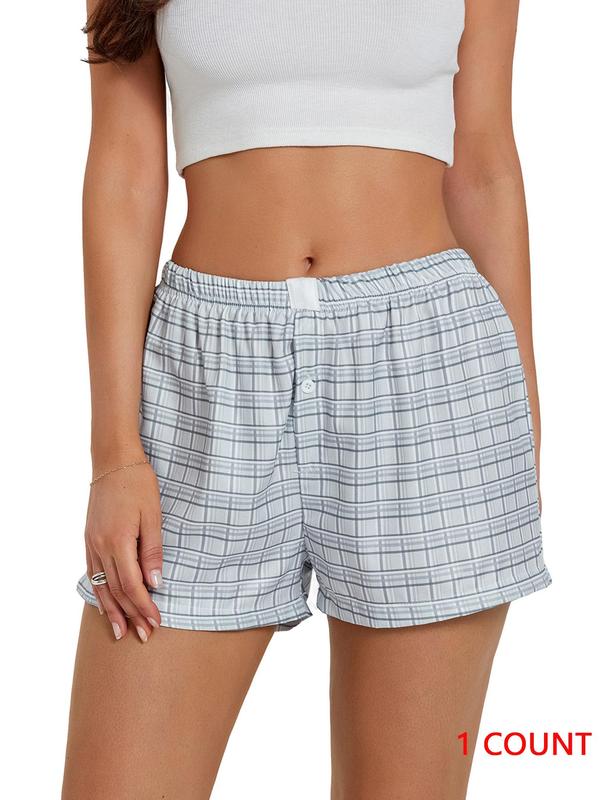 Women's Plaid Print Patched Button Shorts, Casual Striped Print Drop Waist Shorts for Fall, Ladies Bottoms for Daily Wear, Downtown Girl Clothes, Preppy 80s Clothes Womenswear