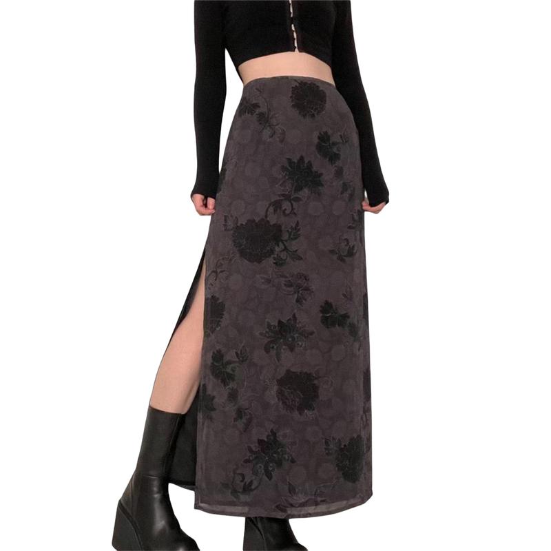 Women's Fairy Grunge Midi Skirt High Waist Vintage A-Line Long Skirt Lace Up Solid Color Y2K Streetwear Clothes