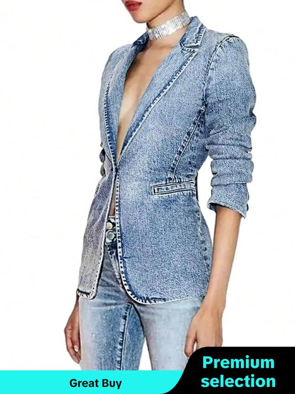 Women's Plain Pocket Button Denim Jacket, Casual Long Sleeve Lapel Neckline Outerwear for Spring & Fall, Ladies Clothes for Daily Wear Tops