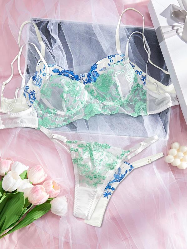 Women's Delicate Floral Embroidery Sheer Bra & Thong Set, Comfy Breathable Lingerie Set for Daily Wear, Women's Underwear Set for All Seasons