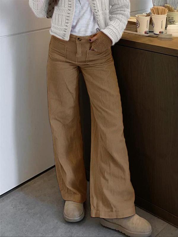 Women's Plain Pocket Button Fly Corduroy Pants, Casual Comfy Trousers for Daily Wear, Ladies Bottoms for All Seasons