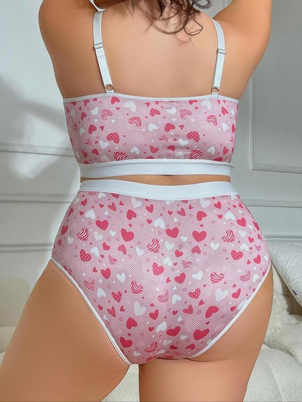  Two-Piece Set All Over Heart Graphic Print Contrast Lace Bra & Panty Set, Bow Front Wireless Bra & High Waist Panty Underwear Set, Lingerie Set for Women