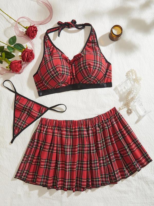 Three-Piece Set Plaid Print Bow Decor Halter Bra & Thong & A Line Skirt Set, Plus Size Lingerie Set, Women's Plus Lingerie & Underwear Set