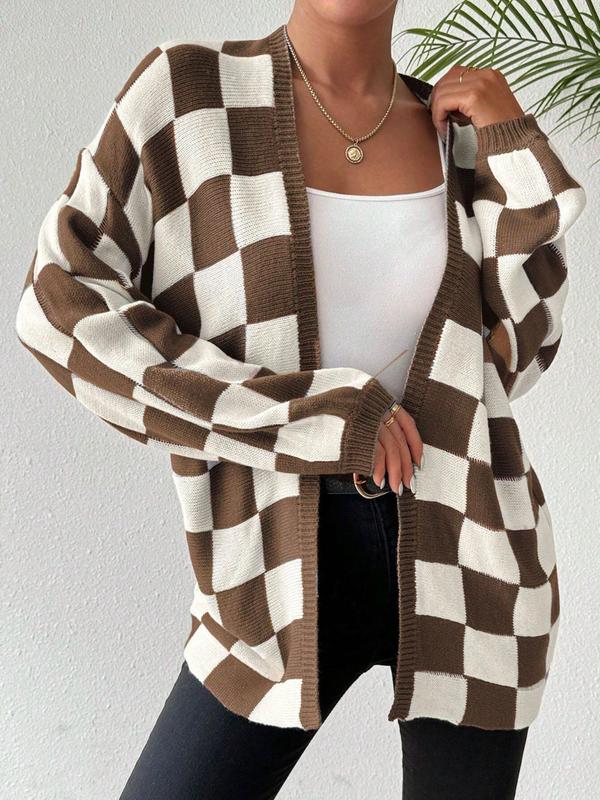 Women's Checkerboard Print Drop Shoulder Cardigan, Cardigans for Women, Casual Long Sleeve Open Front Knitwear for Fall,  Women's Sweaters, Women's Knit Clothing for Daily Wear