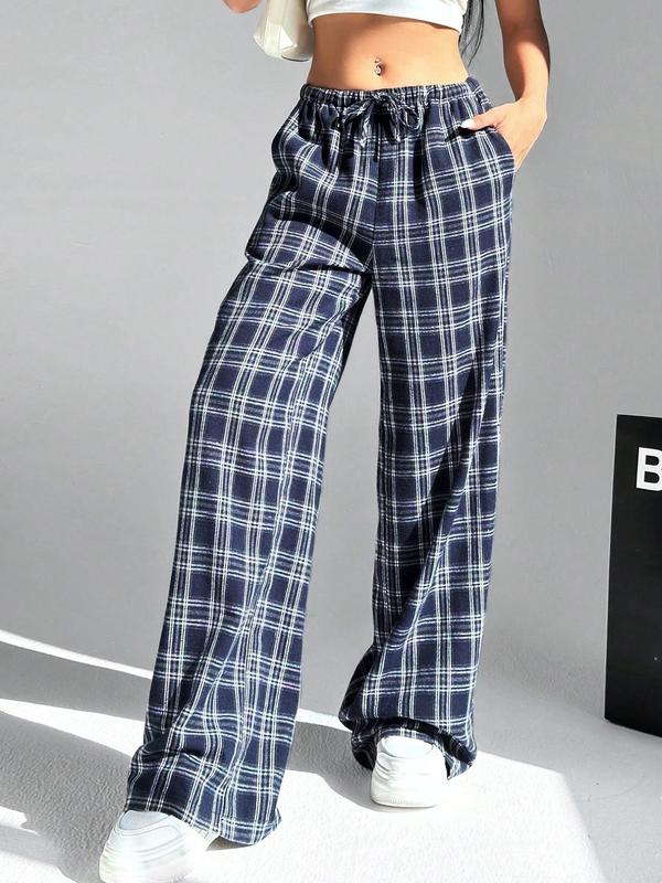 Women's Plaid Print Drawstring Waist Wide Leg Pants, Casual Comfy Pocket Trousers for Daily Wear, Ladies Bottoms for Fall & Winter