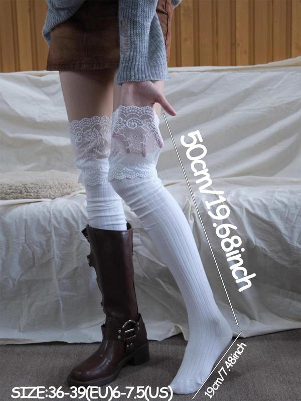 Women's Jacquard Contrast Lace Over The Knee Socks, Chic Trendy Casual Comfy Breathable Socks for Daily Wear, Ladies Socks for All Seasons