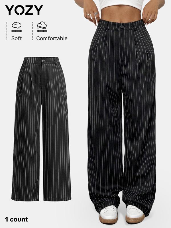 YOZY Women's Striped Print Button Fly Pocket Straight Leg Pants, Casual Comfy Trousers for Daily Wear, Ladies Bottoms for All Seasons