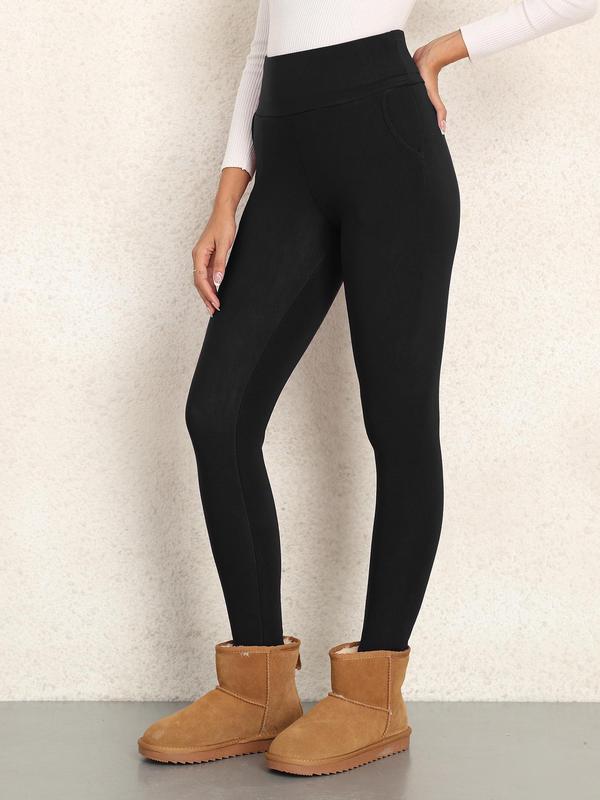 Women's Solid High Waist Thermal Lined Leggings, Casual Comfy Pocket Design Skinny Pants for Fall & Winter, Women's Bottoms for Daily Wear