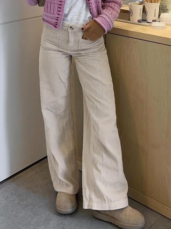 Women's Plain Pocket Button Fly Corduroy Pants, Casual Comfy Trousers for Daily Wear, Ladies Bottoms for All Seasons