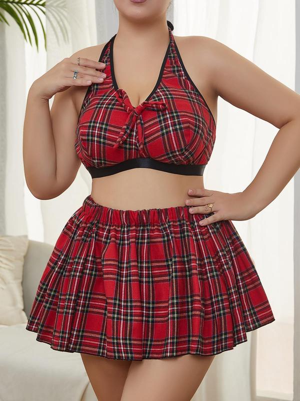 Three-Piece Set Plaid Print Bow Decor Halter Bra & Thong & A Line Skirt Set, Plus Size Lingerie Set, Women's Plus Lingerie & Underwear Set