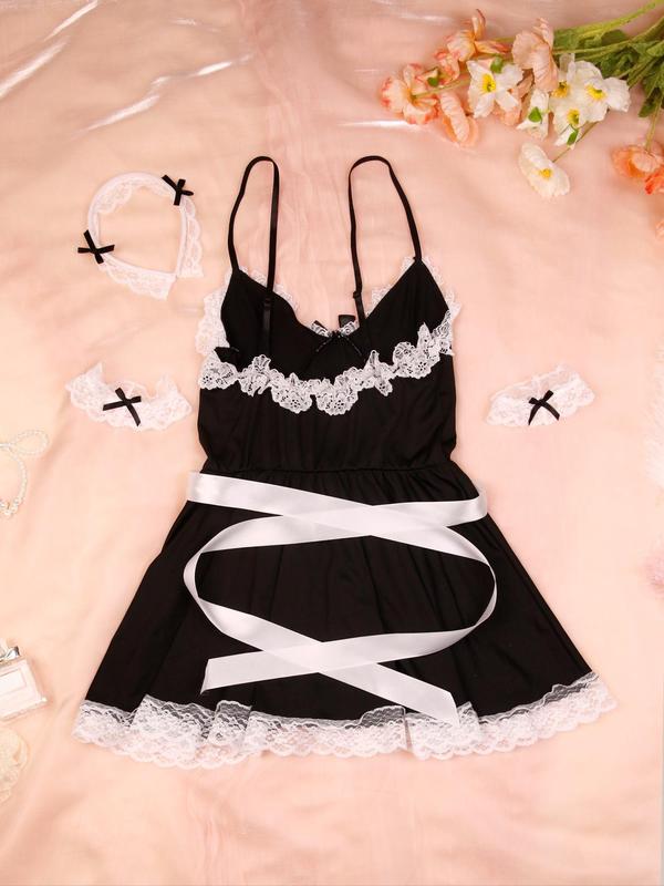 Women's Contrast Lace Scallop Trim Bow Decor Sexy Maid Costume Set, Sexy Adjustable Strap Backless Cami Nightdress & Apron & Headband & 1 Pair Arm Band, Women's Lingerie & Underwear for All Seasons