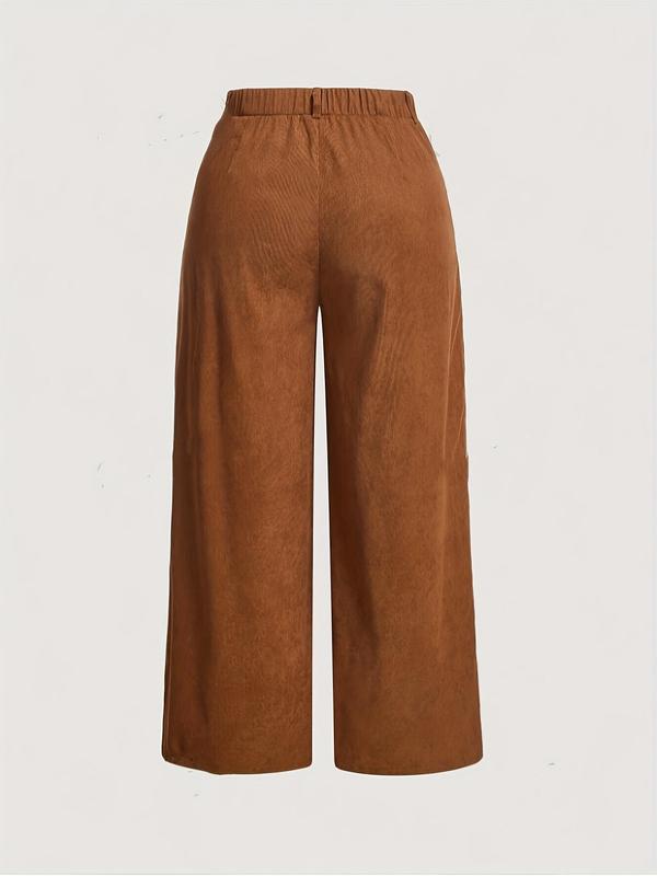 Plus Size Solid Color Pocket Button Fly Corduroy Pants, Casual Fashion Wide Leg Trousers for Daily Outdoor Wear, Comfy Pants,  Women Plus Clothing for Spring & Fall