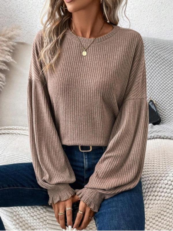 Women's Plain Ribbed Bishop Sleeve Sweater Pullover, Casual Shirred Long Sleeve Round Neck Jumper for Spring & Fall, Fashion Women's Knitwear for Daily Wear