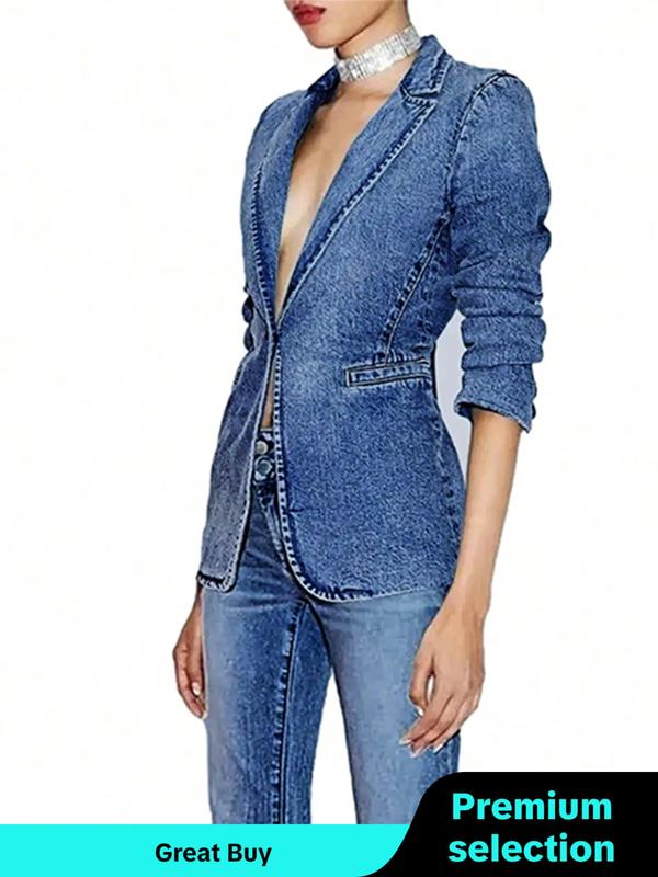 Women's Plain Pocket Button Denim Jacket, Casual Long Sleeve Lapel Neckline Outerwear for Spring & Fall, Ladies Clothes for Daily Wear Tops