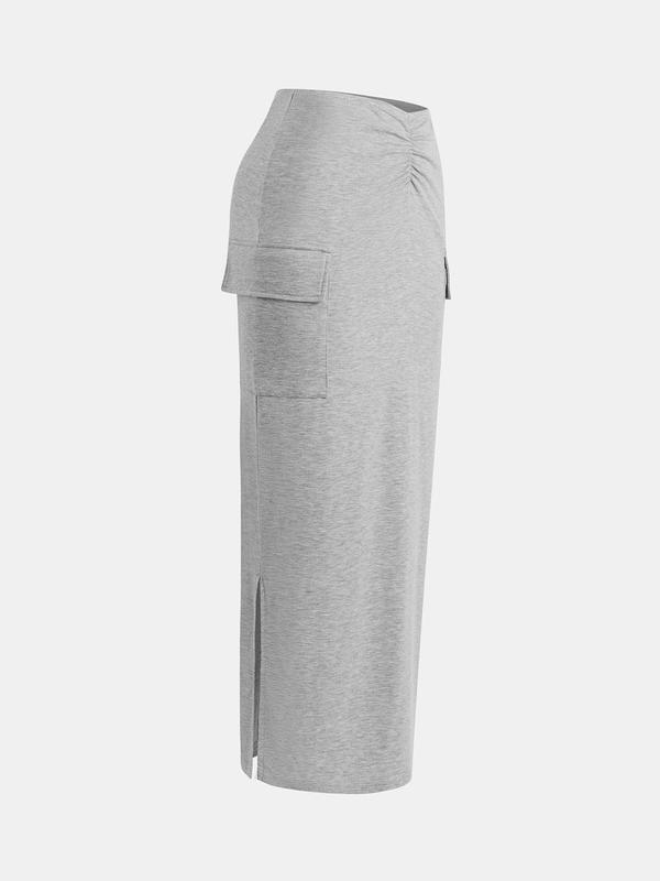 YOZY Women's Plain Ruched Pocket Bodycon Skirt, Casual Split Hem High Waist Long Skirt for Daily Wear, Ladies Bottoms for All Seasons