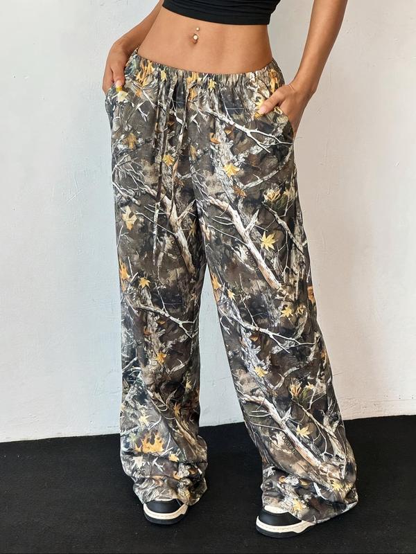 Women's Camo Print Drawstring Waist Wide Leg Pants, Casual Pocket Trousers for Fall & Winter, Women's Bottoms for Daily Wear