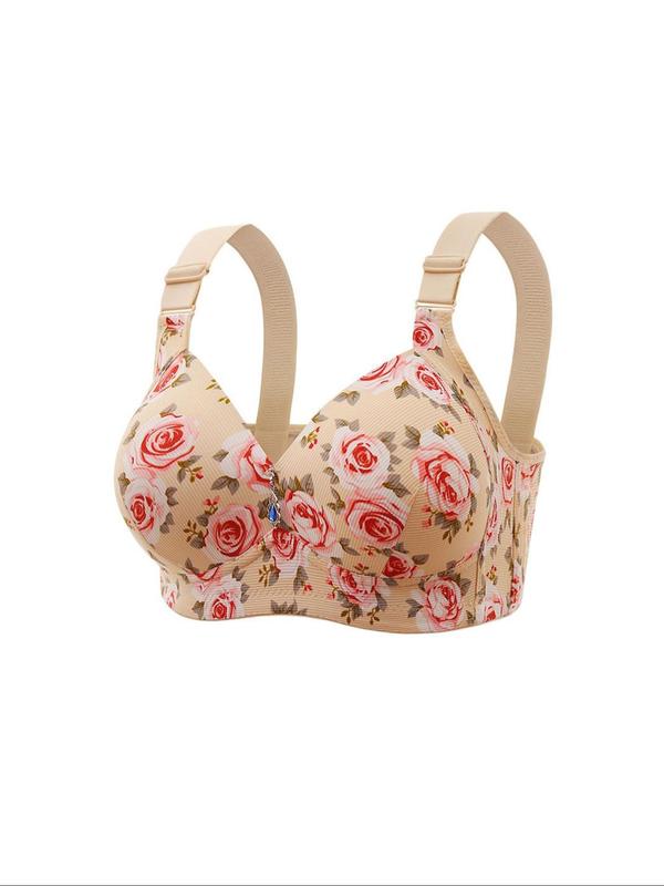 Women's Floral Print Push Up Bra, Adjustable Strap Rhinestone Decor Backless Bra, Soft Comfortable Breathable Lingerie for All Seasons