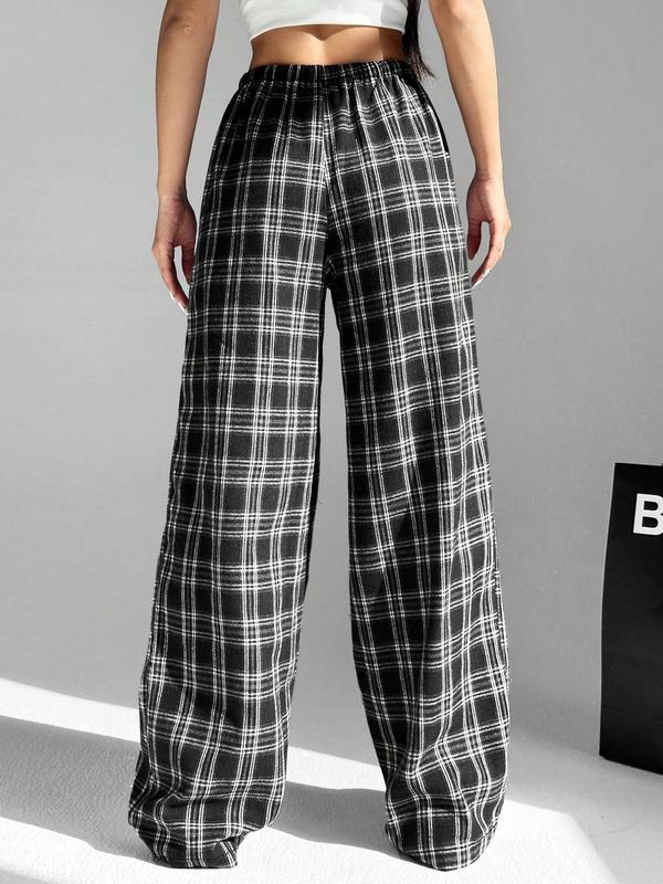 Women's Plaid Print Drawstring Waist Wide Leg Pants, Casual Comfy Pocket Trousers for Daily Wear, Ladies Bottoms for Fall & Winter