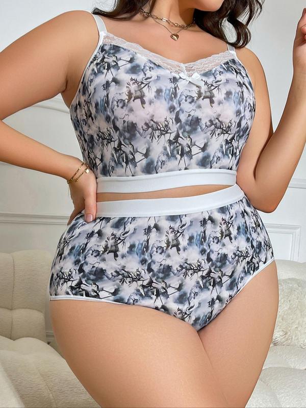  Two-Piece Set All Over Heart Graphic Print Contrast Lace Bra & Panty Set, Bow Front Wireless Bra & High Waist Panty Underwear Set, Lingerie Set for Women