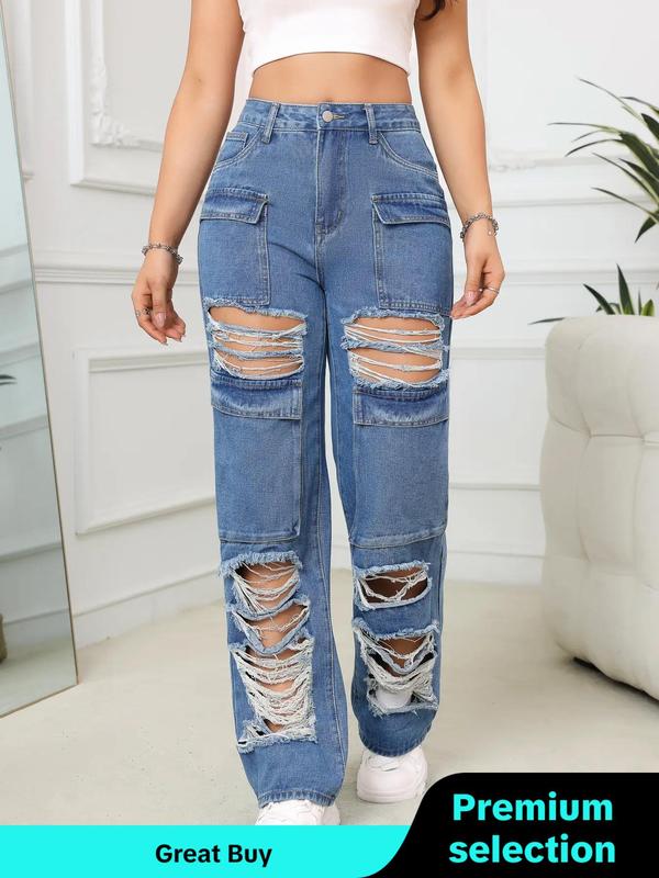 Women's Plain Ripped Straight Leg Vintage Jeans, Casual Street Flap Pocket Button Denim Trousers for Daily Wear, Jeans for Women, Ladies Bottoms for All Seasons, Pants for Women