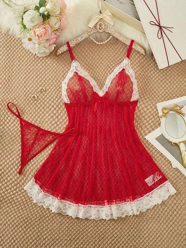 Women's Sheer Floral Lace Sexy Lingerie Two-piece Set, Romantic Adjustable Strap Bow Decor Scallop Trim Cami Nightdress & Thong Set, Ladies Underwear Set for All Seasons