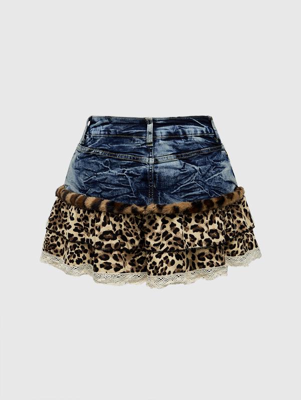 ROMWE Kawaii Y2K Style Leopard Print Patchwork Cute Denim Mini Skirt