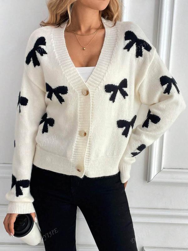 Women's Bow Print Button Front V Neck Cable Knit Sweater, Casual Long Sleeve Jumper for Fall & Winter, Fashion Ladies' Knitwear for Daily Wear