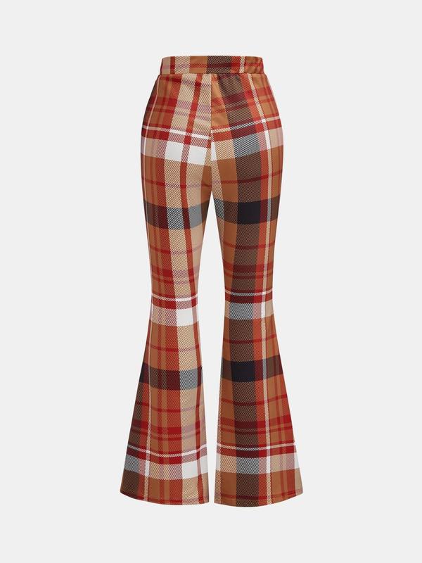 YOZY Women's Plaid Print Flare Leg Pants, Casual Comfy Bell Bottom Trousers for Daily Wear, Ladies Bottoms for All Seasons