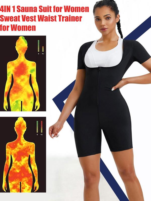 Women's Solid Zip Up Short Sleeve Open Bust Shapewear Bodysuit without Bra, High Stretch Seamless Sweat Sauna One Piece Shaper, Tummy Control Butt Lifter, Ladies Shapewear for Workout Gym Exercise, Shapewear for Women, Summer Wear 2024